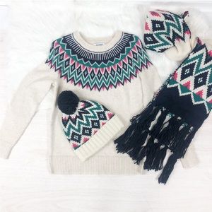 Fair Isle Cozy Shaker Stitch Sweater With Scarf and Pom Pom Beanie Hat.